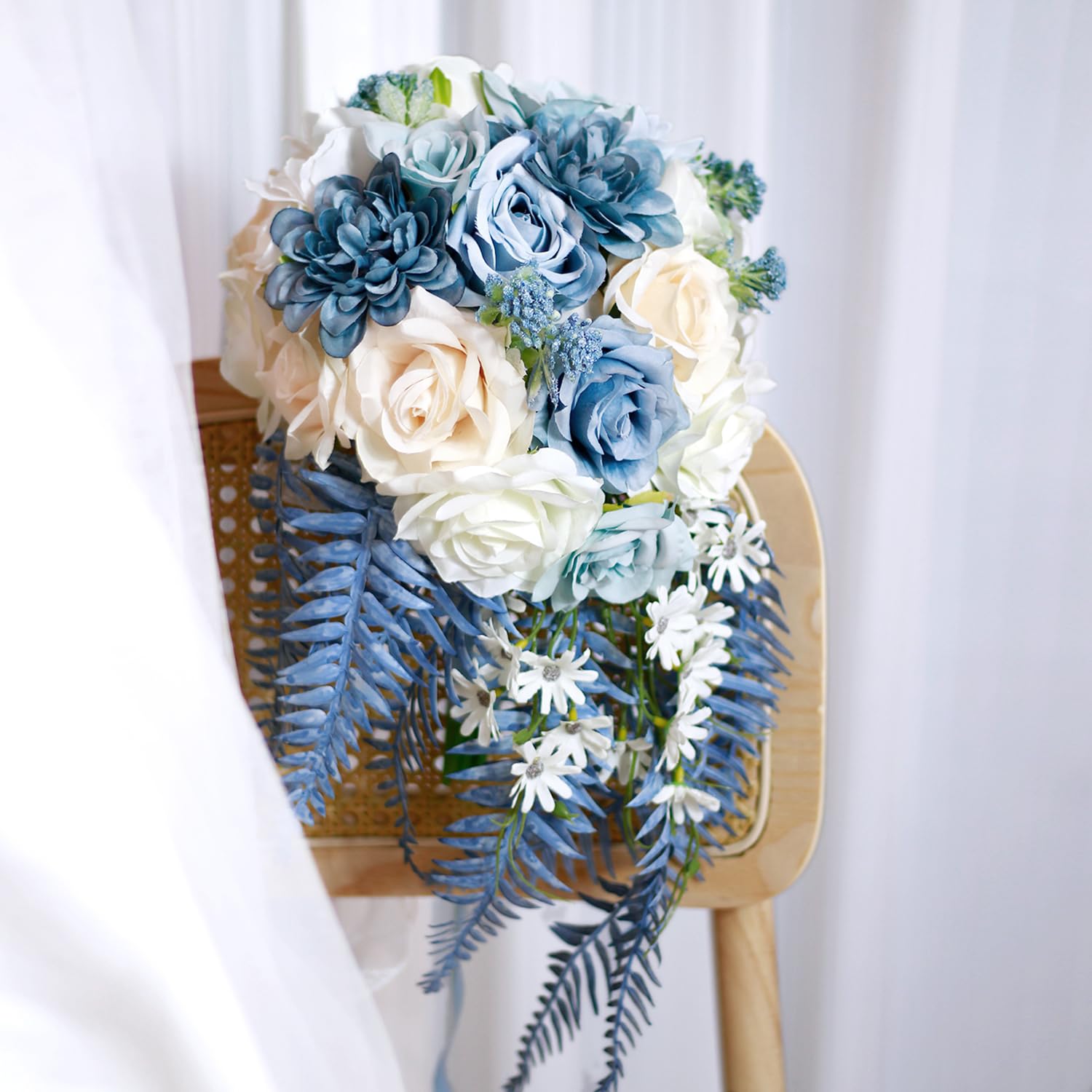 Dusty Blue Rose Bouquets for Bride Wedding White Navy Blue Champagne Cascading Bridal Bouquet Artificial Silk Flower Boho Rustic Ceremony Anniversary Decor Summer Fall Winter Wedding Toss Bouquet