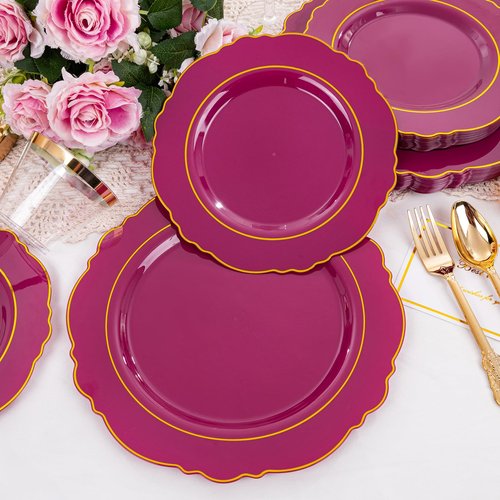 Liacere 350PCS Red Plastic Plates-Disposable Burgundy Red and Gold Plates 50guest Baroque Plastic Dinnerware include 100Plates, 50Pack Pre Rolled Napkins with Silverware 50Cups for Christmas