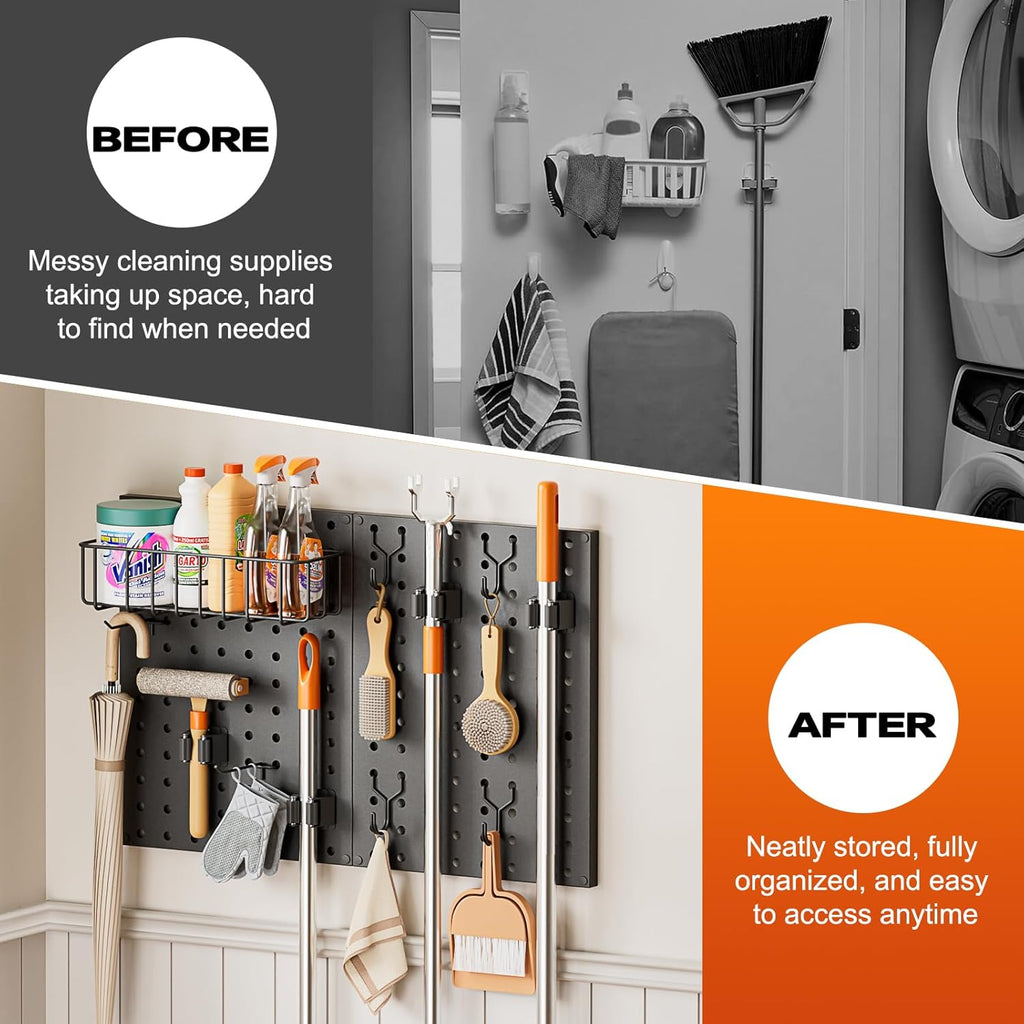 Pegboard Wall Organizer by Broom Holder - Mop Hanger Gripper Hooks & Storage Basket for Laundry Room