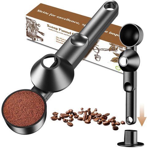 Coffee Scoop with Funnel for Ground Coffee, Protein Powder & Tea, for Reusable K Cup Refiller, 2TBSP Mess-Free, Funnel Design Prevents Spills (Black, 1-Pack)