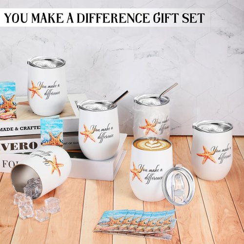 Set of 10 Thank You Gifts You Make a Difference Gift Employee Appreciation Gifts Bulk 12oz Stainless Steel Tumbler Cup Starfish Cards for Social Worker Volunteer Staff Secretary Nurse