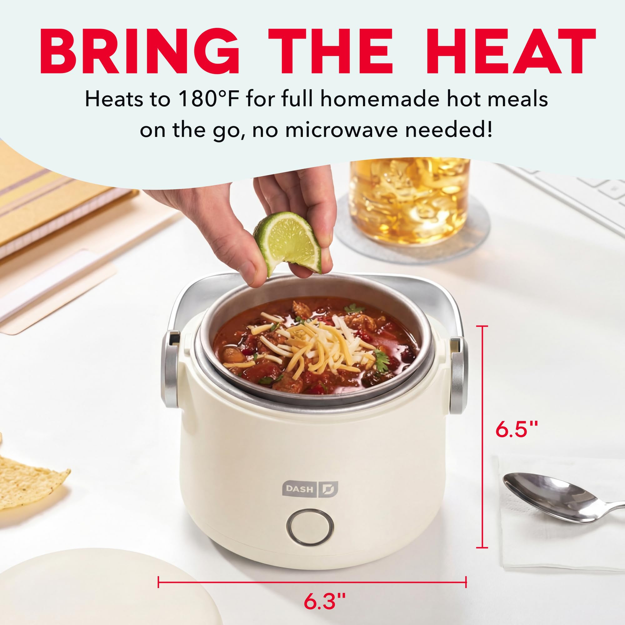 DASH Hot2Go™ Personal Food Warmer | Heated Lunch Box, Portable Electric Lunch Box for Adults, 20 oz Stainless Steel Insulated Food Container, Spill Proof, Cream