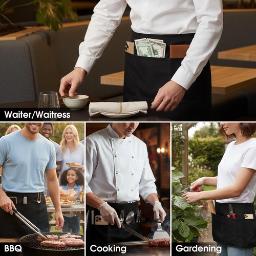 BOHARERS 100% Cotton Server Aprons 3 Pack Waiter Waitress Apron Short Apron with Pockets Restaurant BBQ 12 Inch Black