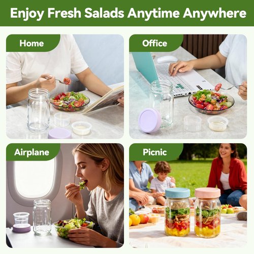 BLAZPATH 4 Pack Glass Salad Mason Jars with Dressing Cup, 32 oz Mason Jars Salad Container with Lids Meal Prep for Lunch, 2 Insert Separate Cups with Divider for Dressing and Dry Ingredients