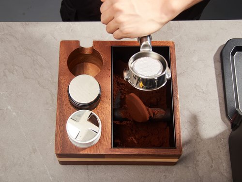 IKAPE 54mm 4-in-1 Espresso Knock Box & Tamping Station, 51mm 53mm 54 mm Natural Mahogany Accessory Organizer Base