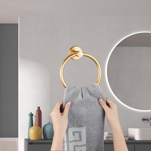 Towel Ring, Bathroom Hardware Accessories, Wall-Mounted Towel Ring, Simple Round Stainless Steel Towel Rack, for Bathroom and Kitchen (Gold 2 Pack)