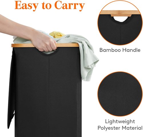 Lifewit 100L Laundry Basket - Foldable Hamper with Lid & Bamboo Handles | Black with Removable Bag