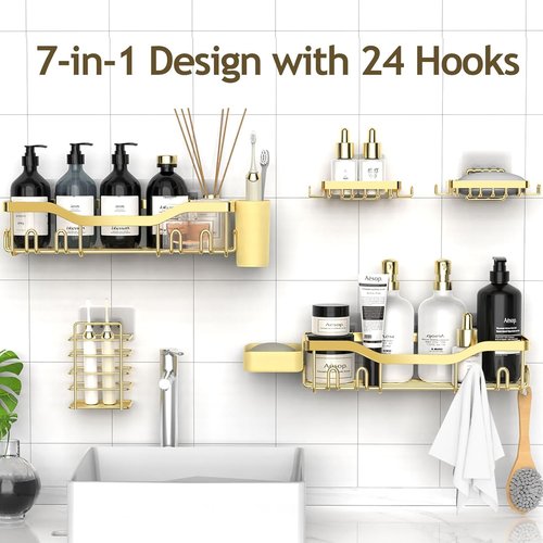 NESOMI Shower Caddy - Rustproof Stainless Steel Adhesive Organizer | 7-Pack Bathroom Storage with Soap Dish & Hooks