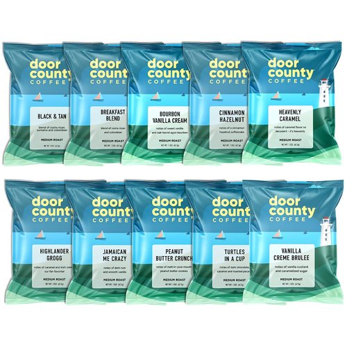 Door County Coffee Gourmet Flavored Coffee Sampler Pack | 10 Unique 1.5 oz Specialty Grade 1 Bags