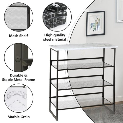 Garden 4 you Shoe Rack for Entryway 4 Tiers 11.8" D x 25" W x 28" H, Metal Shoe Rocks with White Wooden Tabletop, Angled Shoes Rack with Adjustable Mesh Shelves for Entryway Hallway Closet