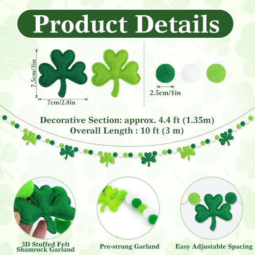 HEAEUNK St Patrick's Day Garland, Pre-Strung Felt Shamrock & Pom Pom Garland Banner, St Patricks Day Decorations for Mantle, Wall & Home
