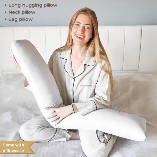 Body Pillow for Side Sleeper, 9x48 Inches Full Body Pillow with Cover, Made with Soft Material and Filled with Polyester for Adults, Adjustable Inner Core, (Pillow with White Cover)