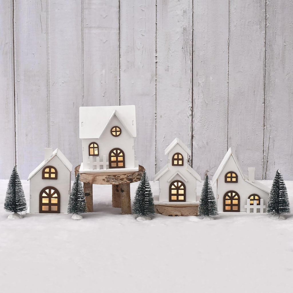 Ovootok Christmas Sculpture Set - 9-Piece Wood & Plastic Decor with 4 LED Lighted Houses & 5 Frosted Trees