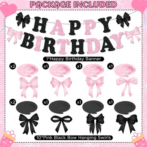 Pink and Black Bow Birthday Banner Decorations Glitter Black Pink Happy Birthday Banner Galand and 10Pcs Bow Hanging Swirls Coquette Party Decorations for Girls Women Bday Baby Shower Party Supplies
