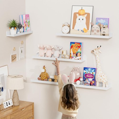 Heimlove 16-Inch Picture Ledge Shelf Set of 8 - White Floating Wall Shelves for Living Room & Nursery