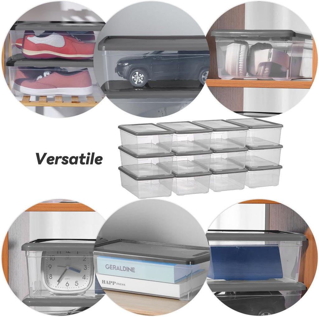 Sterilite 6 Quart Latching Storage Box - Clear Plastic Bins With Lids | Stackable Grey 12 Pack