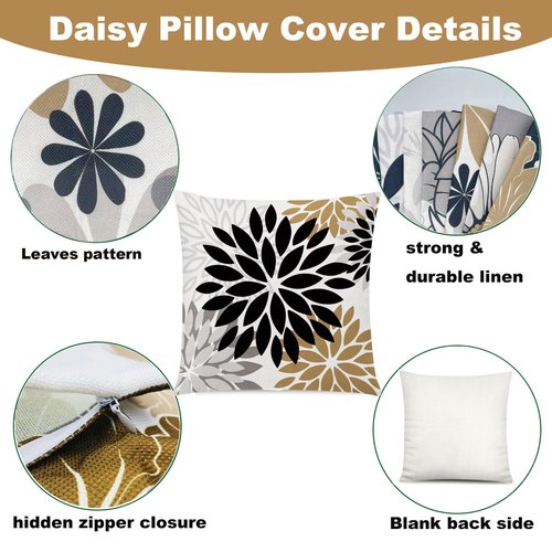 COMMINY Brown Black Pillow Covers 18x18 Set of 6, Daisy Flower Throw Pillow Cover Case Rustic Square Cushion Cover for Sofa Bedroom Living Room Farmhouse Home Decor