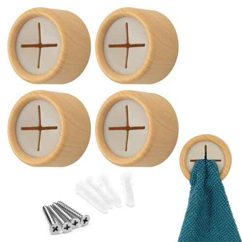 S&T INC. Round Adhesive Push Towel Hooks for Kitchen, Hand and Dish Towels, Plastic, Bamboo, 4 Pack