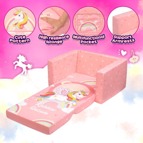 ALIMORDEN 2-in-1 Flip Out Comfy Toddler Couch, Lovely Kids Chair Convertible Sofa to Lounger for Story/Nap Time, Pink Unicorn