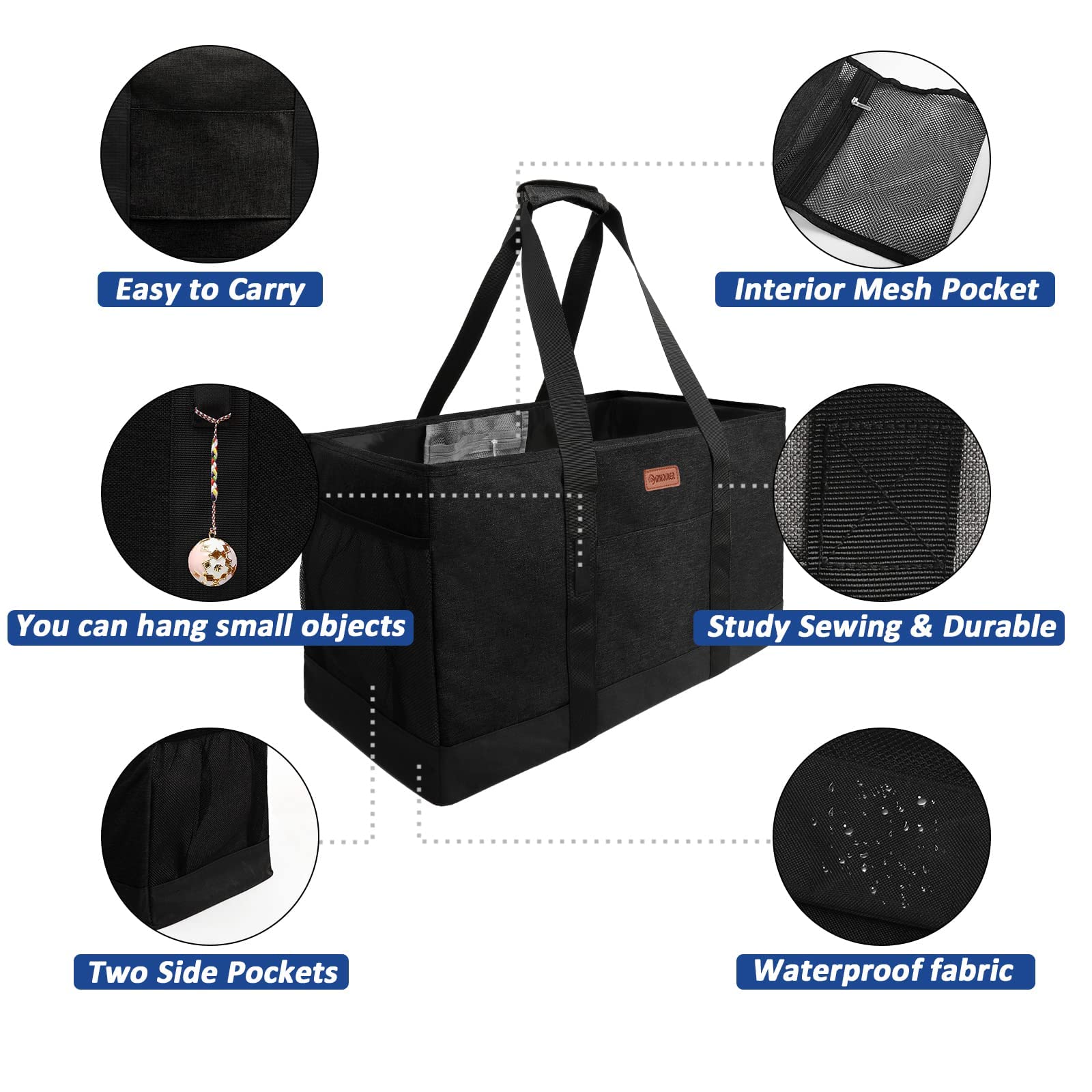 MHOMER Reusable Upright Grocery Bags Extra Waterproof Large Utility Tote Bag with Carrying Handles Foldable Shopping Bags Reinforced Bottom and Side Durable Oxford Fabric Classic Carbon Black