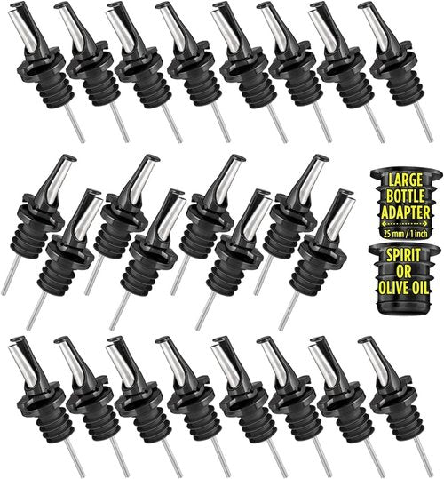 24 Liquor Bottle Pourers - Hygienic ClickSeal Alcohol Speed Pour Spouts - Stops Barfly, Dishwasher Safe. Also for Olive Oil, Juice, Syrup. Black 24Pk with 2 Adapters for Large Bottles