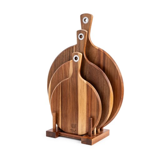 BILL.F Acacia Pizza Peel, Set of 3 Acacia Wood Cutting Board 8" 10" 12" Inch Cutting Board, Cheese Paddle Board, Bread and Crackers Platter for Serving and Minor Food Prepare with Handle and Organizer