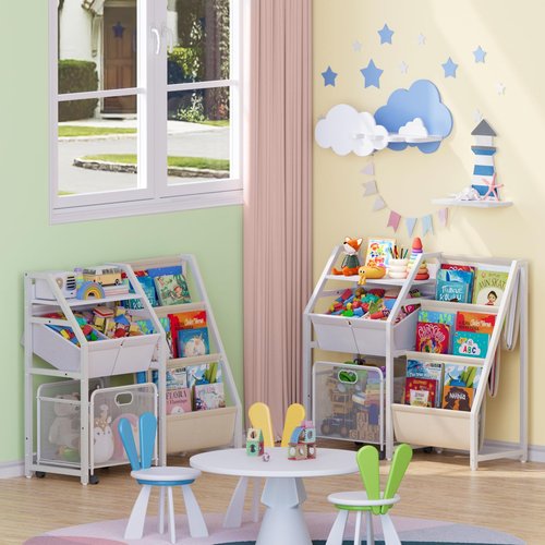 Kids Bookshelf and Toy Storage Organizer - 3 Tier Book Shelf for Kids Rooms with Movable Drawer, Kid Bookcase with 2 Toy Bins, Toddler Baby Childrens Bookshelf, for Bedroom Playroom Classroom (White)