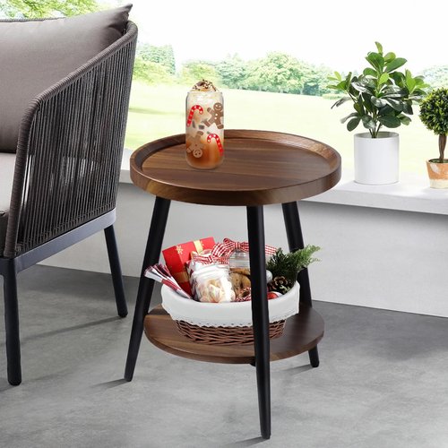 FANTERSI Small Round Side Table, 2-Tier Mid Century Modern Side Table, Round End Table Small End Table for Living Room, Metal Frames, Brown