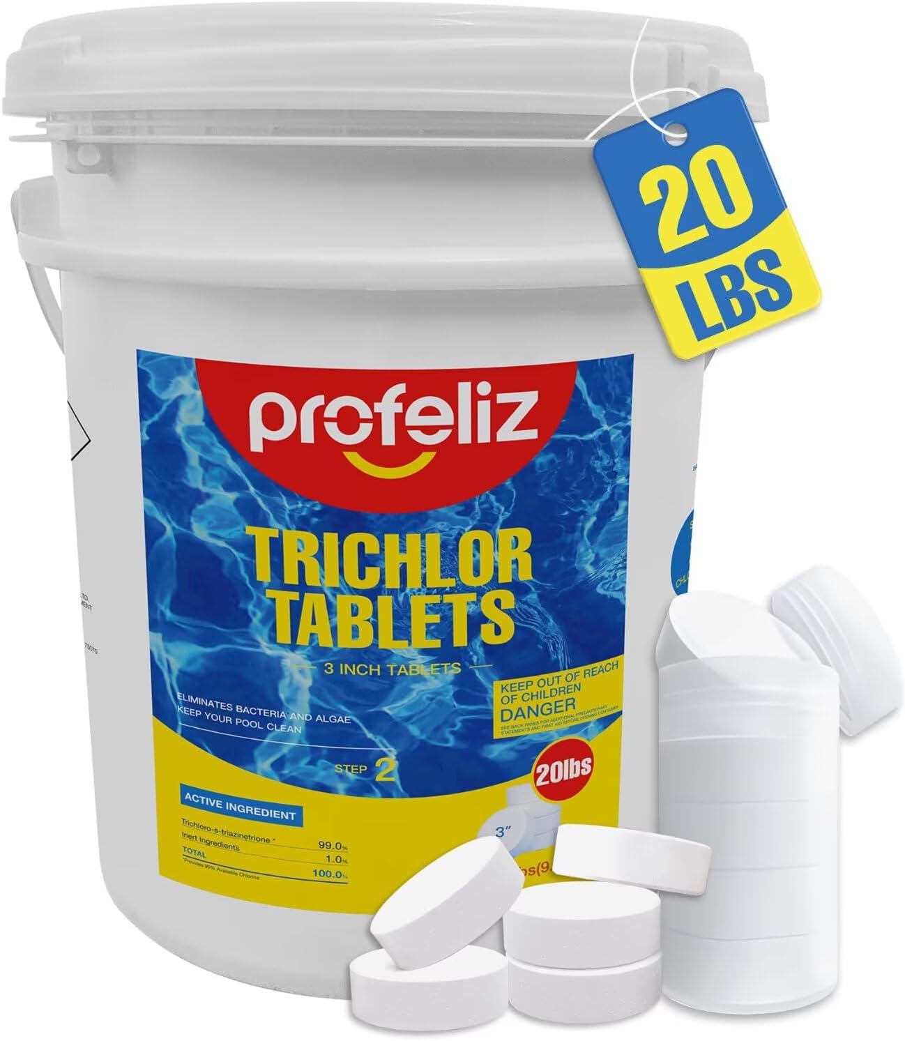 PROFELIZ Chlorine Tablets - 3 Inch Pool Tablets for Bacteria & Algae Control | Slow Dissolving, 20lbs