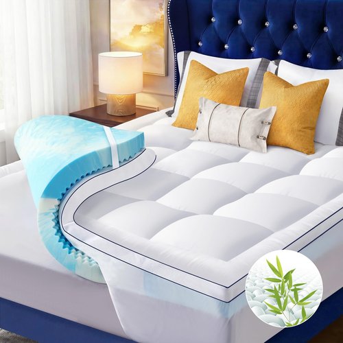 NicePlus Queen Size Dual Layer 4 Inch Memory Foam Mattress Topper, 2 Inch Fluffy Soft Pillow Top Mattress Pad Cover and 2 Inch Gel Memory Foam for Back Pain Relief, Breathable, Cooling