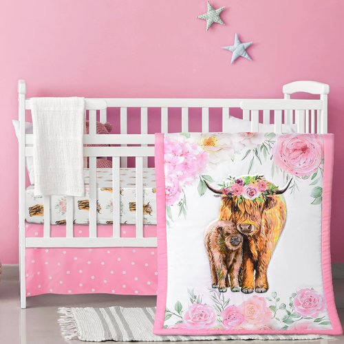 Hahafelt 3 Piece Highland Cow Baby Crib Bedding Set for Baby Girls Pink Floral Nursery Crib Sets Includes Quilt,Fitted Crib Sheet, Crib Skirt for Newborns Baby Boy Girl