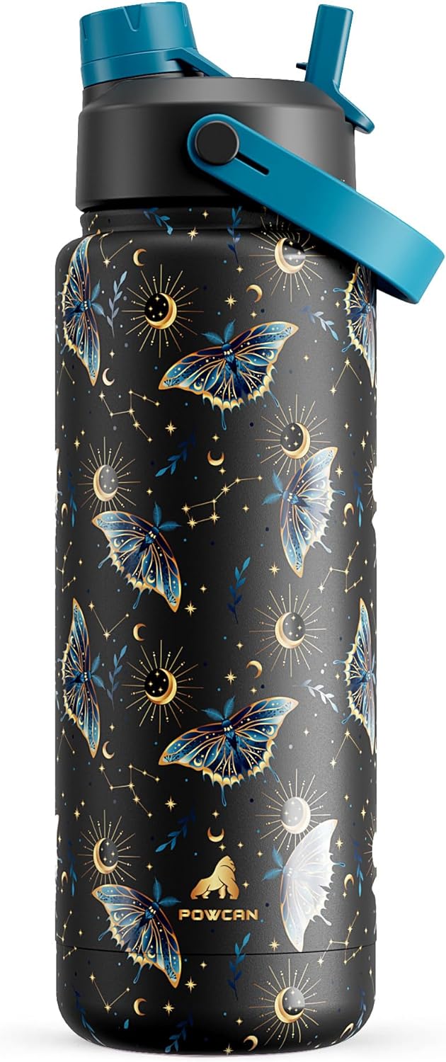 POWCAN 32 oz Insulated Water Bottle - 2-in-1 Straw & Spout Lid | Keeps Drinks Cold for 24H, BPA-Free, Gilded Flutter
