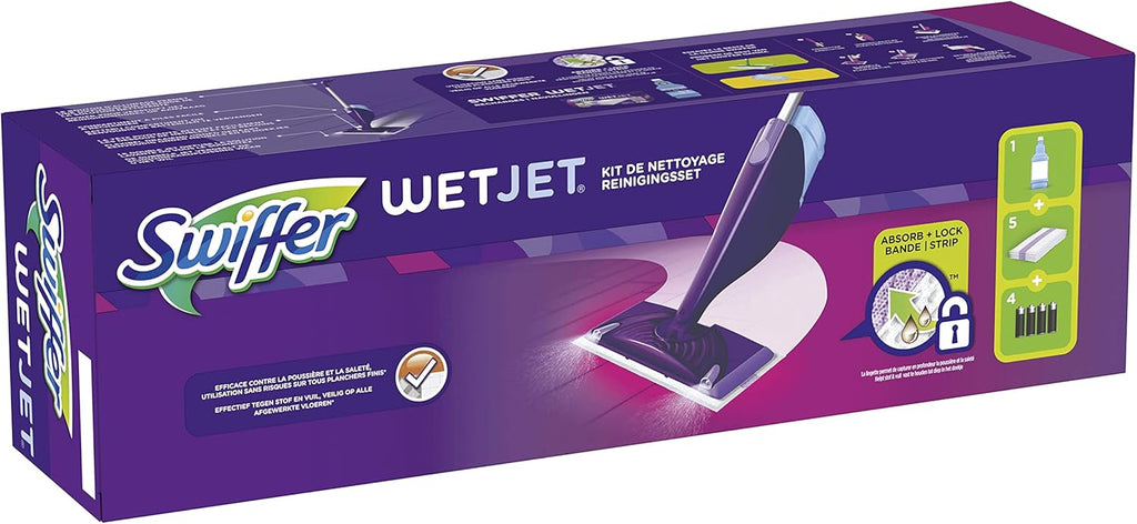 Swiffer WetJet Floor Spray Mop Starter Kit - Includes 1 Mop, 5 Pads, Cleaning Solution & 4 Batteries