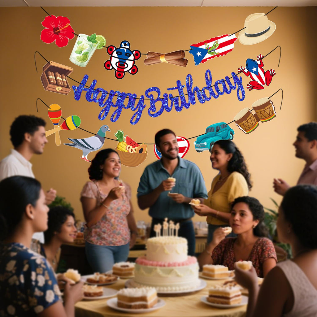 Puerto Rico Party Supplies Puerto Rican Birthday Banners Glitter Blue Puerto Rican Themed Decorations 3PCS Puerto Rican Flag Banners for Patriotic Anniversary Veterans Day Decor
