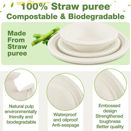 Havawish 300 Pcs White Compostable Paper Plates and Bowls Set 7 Inch 9 Inch Disposable Plate 12oz Biodegradable Bowls for Party Dinner Bulk Party Supplies