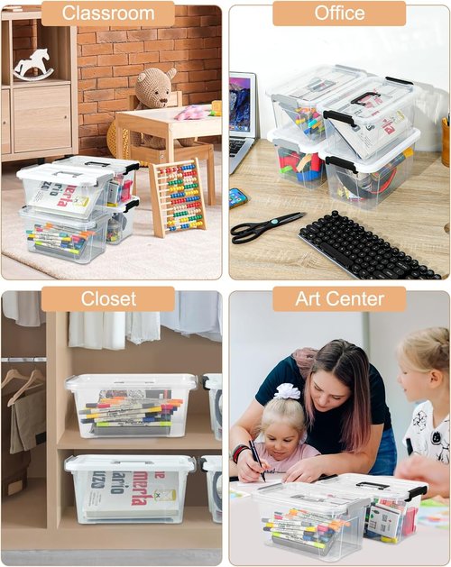 EOENVIVS Plastic Storage Bins - 6 Pack Stackable Organizer with Lids & Handles | 7 Quart Clear Boxes for Home & Office