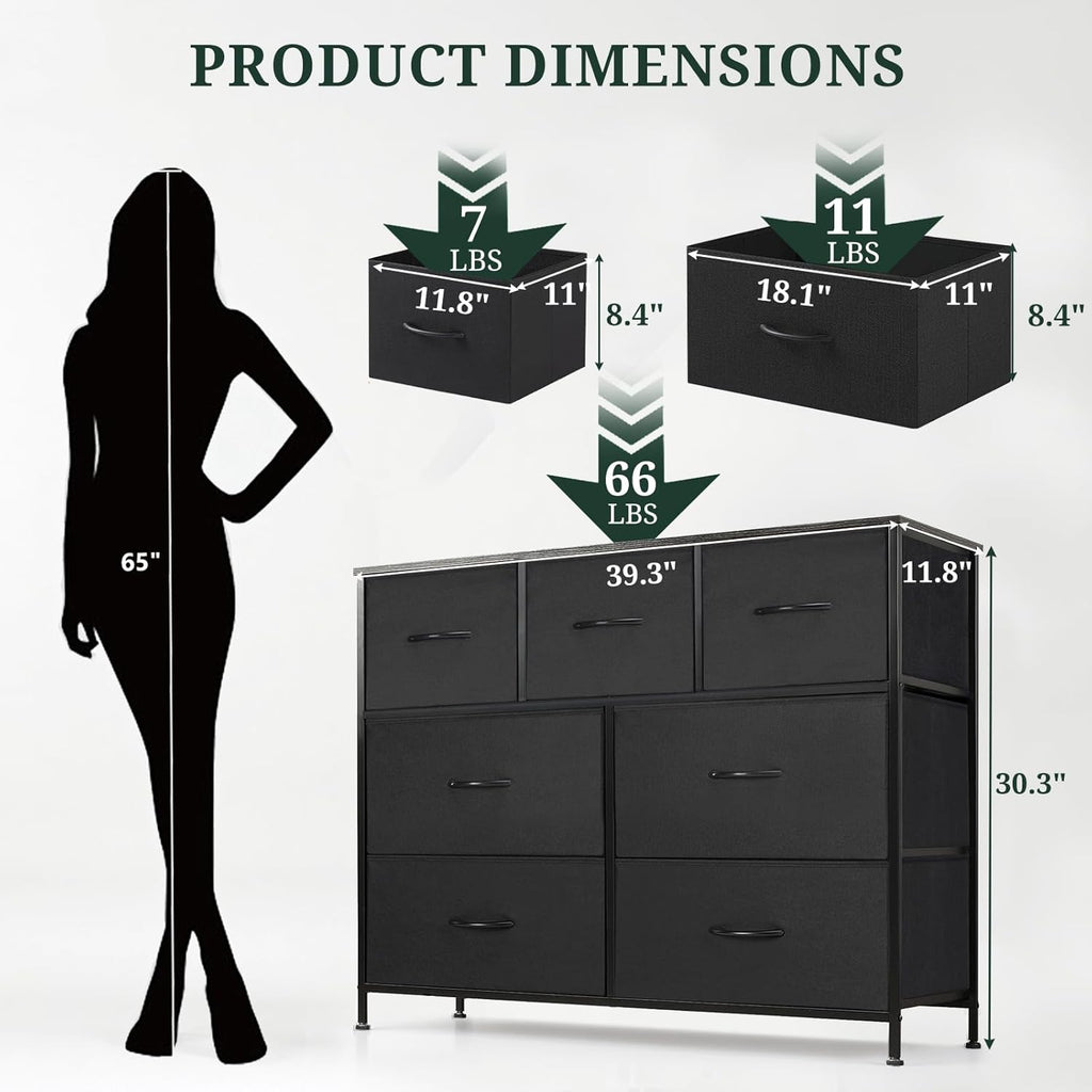 Skiennix 7-Drawer Dresser - Anti-Tip Fabric Storage Organizer with Wooden Top | Black for Bedroom & Living Room
