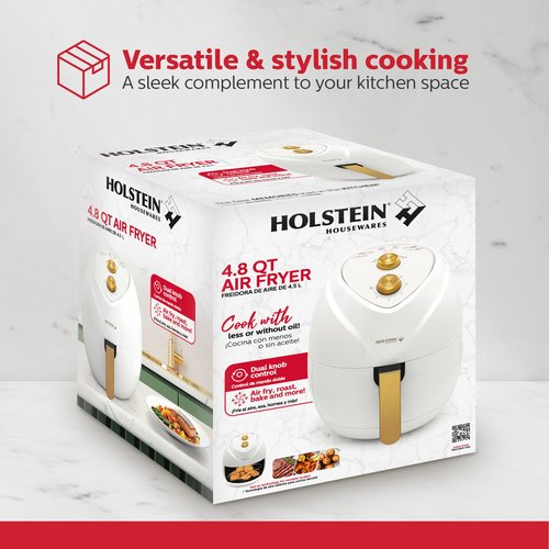 Holstein Housewares 4.8QT Air Fryer Golden Elegance. Hot Air Technology & PFOA Free Non Stick Coating for Less Oil Use with Led Display. No Pre Heating, Fry, Bake, Grill and Roast. White & Gold