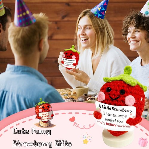 Maffuno Positive Crochet Strawberry Gifts for Women: Easter Basket Stuffers Birthday Gifts for Friend Daughter Mom Sister Her, Handmade Strawberry with Emotional Cheer Up Support Card (Berry Awesome)