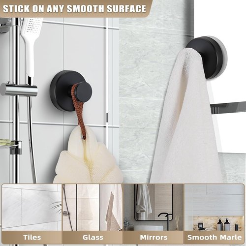 **Regine Switzerland Suction Cup Hooks - No-Drill Bathroom Towel & Robe Holders | Matte Black (Set of 4)**