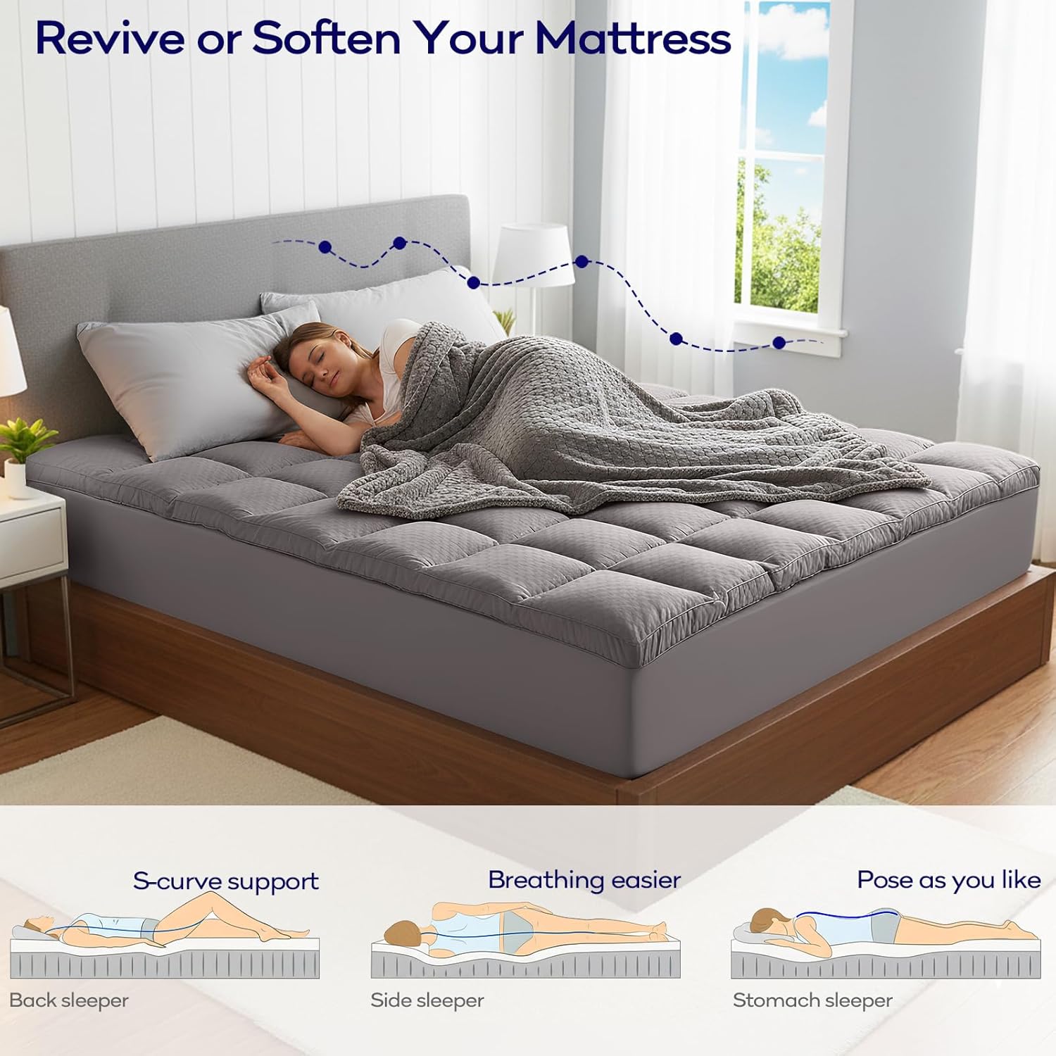 OLANLY Queen Size Memory Foam Mattress Topper - Dual-Layer 4 Inch Cooling Pillow Top, Light Grey