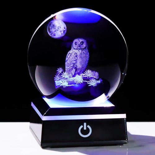 Arikyrist 3D Owl Crystal Ball Figurine - LED Base Night Light | Perfect Gift for Owl Lovers (80mm)
