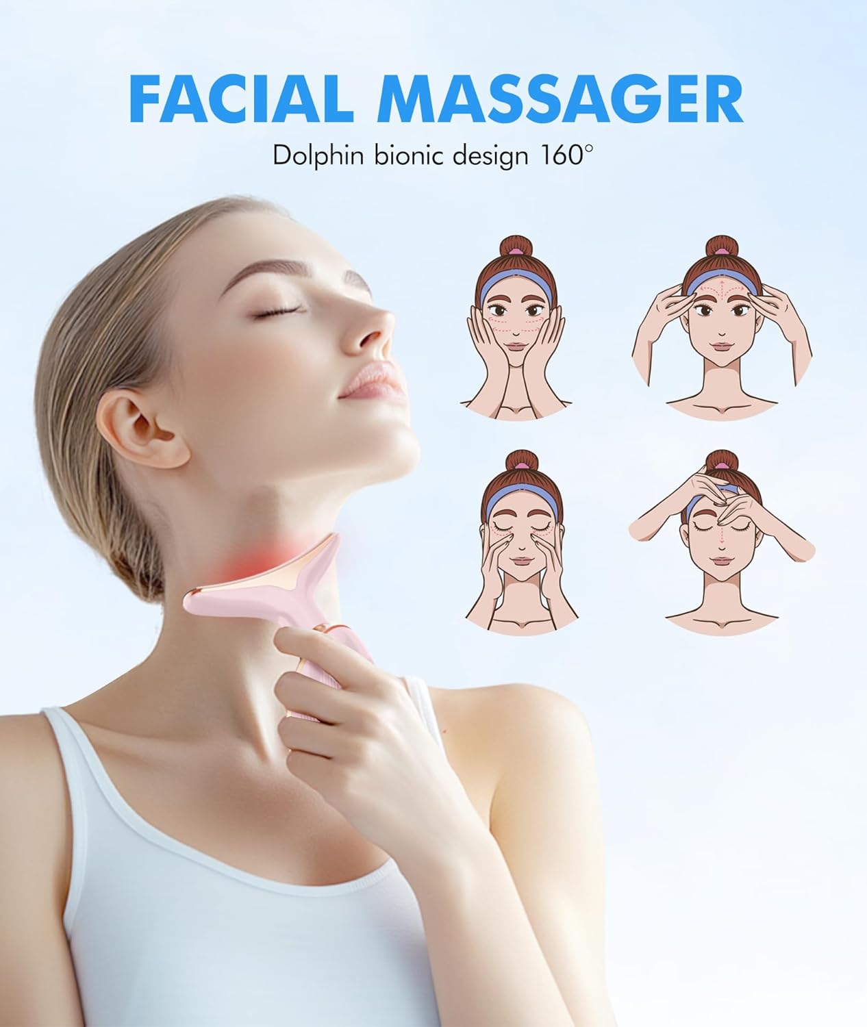 Skiennix Red Light Therapy Face Massager - 7 Color Vibrating Tool for Wrinkles & Double Chin | Glossy Pink