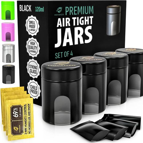 Premium Airtight Glass Storage Jars 120ml with 69% Humidity Control 4 Packs - UV Air Tight Jars with Child-Resistant Lid - Airtight Jar Container, Air Tight Storage,Storage Jars for Herb/Spice