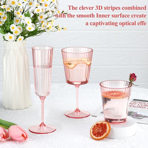 48 Pack Plastic Champagne Flutes Pink Unbreakable Ribbed Champagne Glasses Detachable 5.5 Oz Disposable Stemware Glasses Wine Toasting Cups for Wedding Valentines Engagement Pink Themed Party