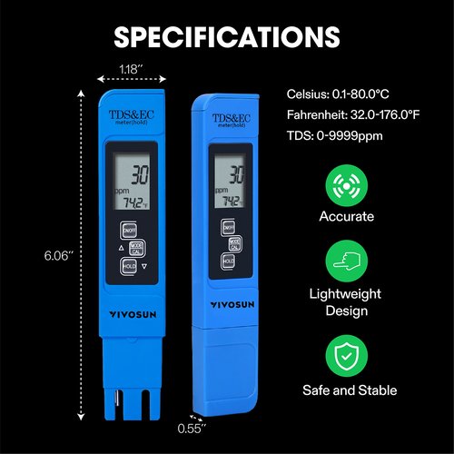 VIVOSUN TDS Tester 3-in-1 TDS EC & Temperature Meter Ultrahigh Accuracy Digital Water Quality TDS Tester (Blue)