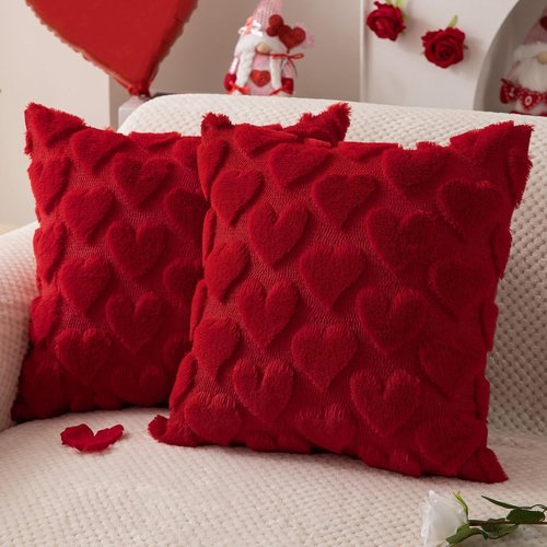 Valentines Day Pillow Covers 18x18 Inch, Red Heart Love Pillows Cover Valentine Decorations for the Home, Faux Fur Plush Throw Pillows Cover for Couch, Gift for Girlfriend Lover Mother, Set of 2
