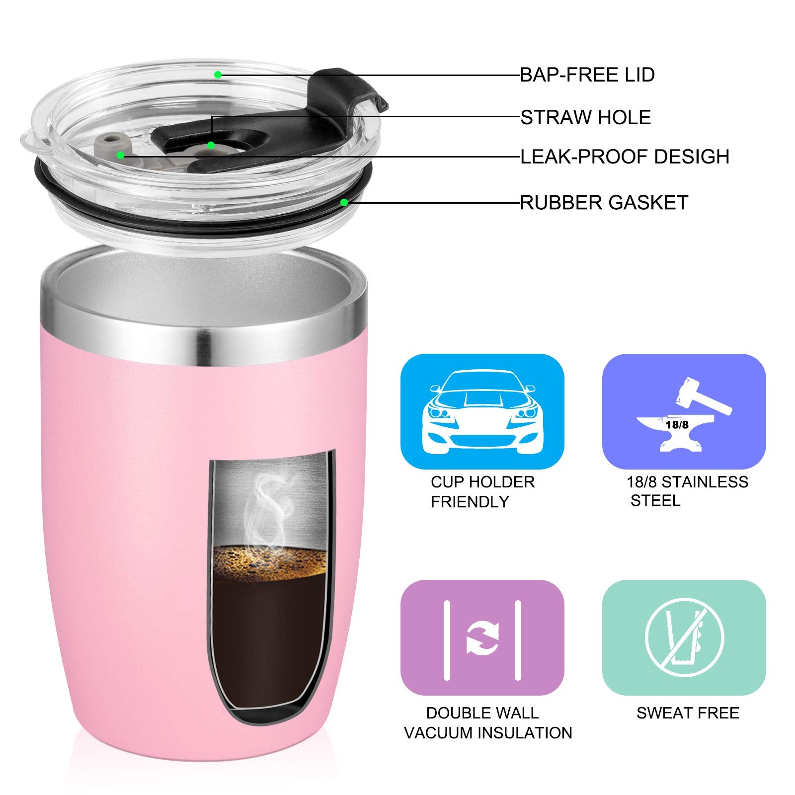 VEGOND Stainless Steel 12 oz Tumblers bulk Vacuum Insulated Double Wall Travel Tumbler with Lid and Straw Reusable Tumbler,Pink 12 pack