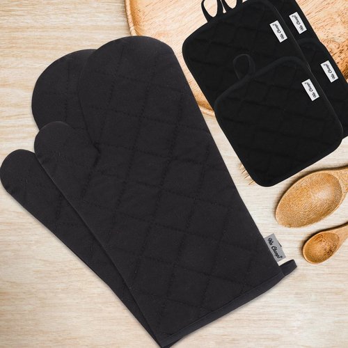 Win Change Oven Mitts and Pot Holders Sets,6 Pcs Oven Mitts and Potholders with Recycled Cotton High Heat Resistant Extra Thick Long Oven Mitts for Cooking(Black)