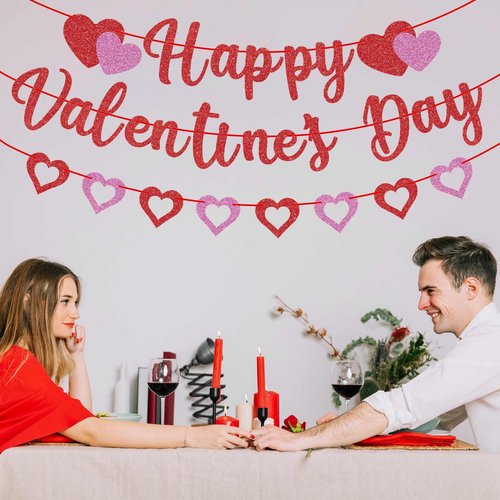 GULWAT Glitter Happy Valentines Day Banner, Glitter Red Pink Hanging Paper Heart Banner for Valentines Party Decorations Home School Classroom Office Hanging Wedding Anniversary Party Decor